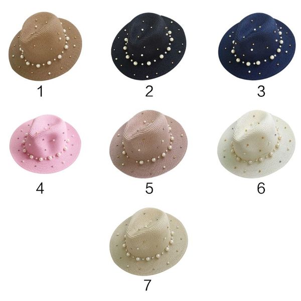 

womens korean style summer straw sun visor beach hat glitter beaded faux pearl embellishment bucket cap uv protection wide brim, Blue;gray