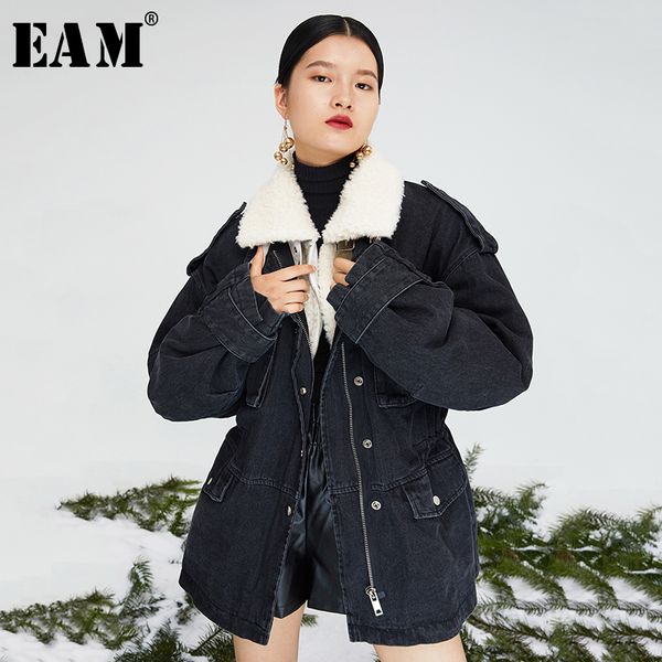 

eam] lapel big size lambswool cotton-padded coat long sleeve loose fit women parkas fashion new autumn winter 2019 19a-a737, Black