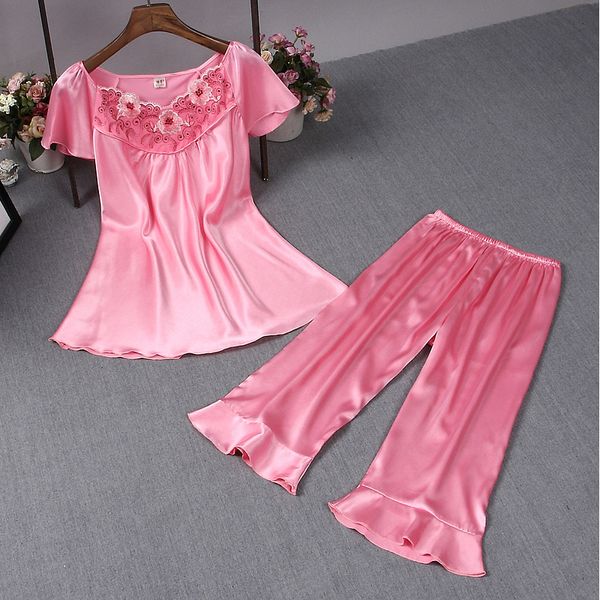 

drop ship spring and summer women imitation silk pajama suit lace short sleeve home wear night wear elegant sexy, Blue;gray