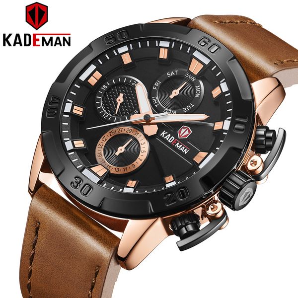 

kademan men watch new luxury brand quartz watches 3atm waterproof sport casual leather wristwatches fashion business relogio, Slivery;brown
