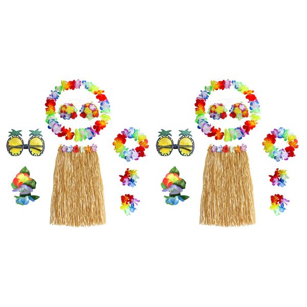 

16pcs hawaiian hula skirt bra necklace luau party beach stretchy costume set, White