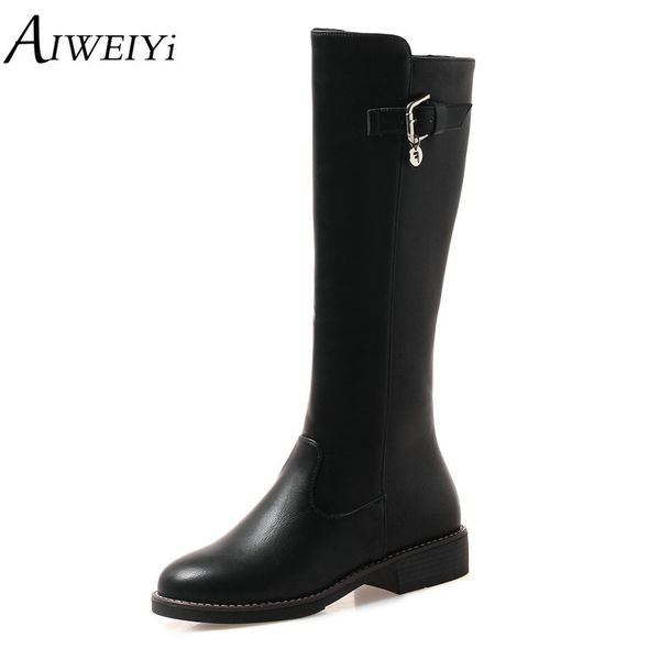 

aiweiyi women's fashion knee high boots round toe low heels platform shoes woman zip motorcycle botas shoes woman long boots, Black