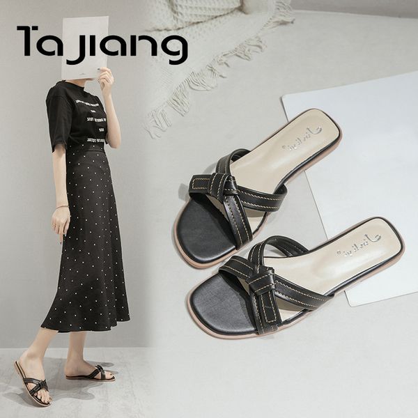 

ta jiang classsic soft leather women sandals summer slippers flats heels women sandals ladies beach shoes woma, Black