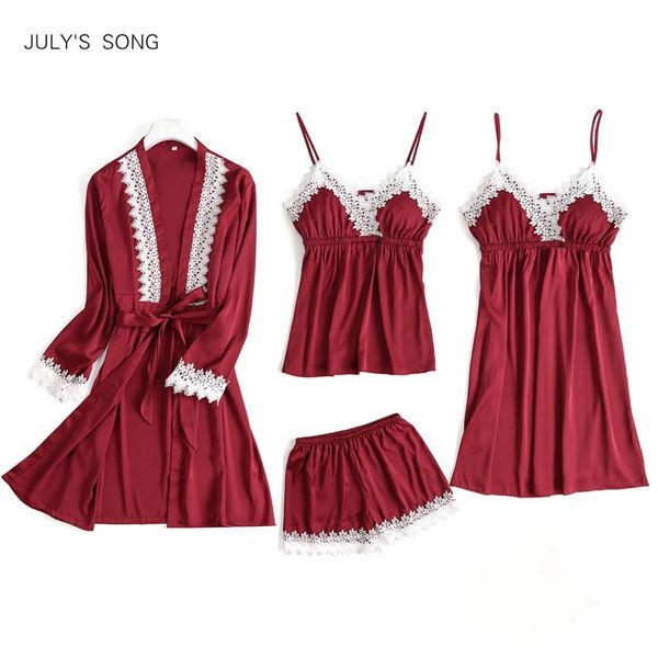 

july's song new spring 4 piece lace pajamas set women faux silk lace sling sleeveless shirt shorts summer robe sleepwear, Black;red