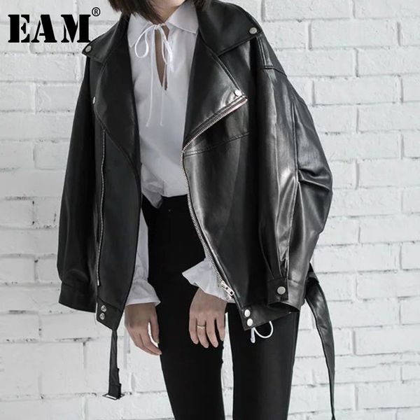 

eam] 2020 spring black pu leather loose turn-down collar zipper fashion new women's wild jacket la938, Black;brown