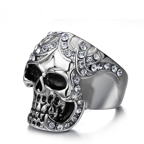 

silver color fashion simple men's gemstone rings stainless steel crystal skull ring jewelry gift for men boys j125, Golden;silver