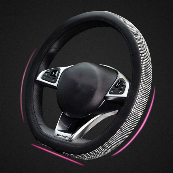 

d ring with crystal rhinestones car steering wheel cover diamond black leather steering-wheels case for girls women accessories
