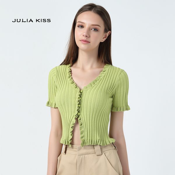 

women ruffle trim crop knit cardigan with short sleeve deep v neck crop knit, White