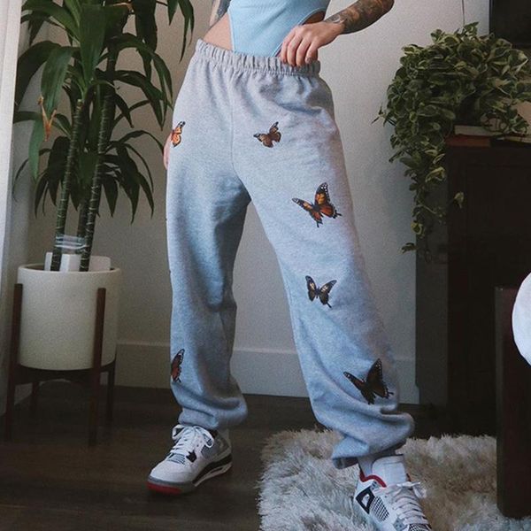 

gray casual loose trackpants joggers high waist sweatpants women butterfly print harajuku trousers baggy pants hip hop, Black;blue