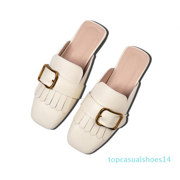 

tassel metal square buckle slippers women outdoor breathable leather mules woman autumn low heel slides woman mules shoes t14, Black