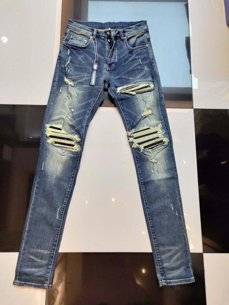 

classic men pu leather ribbed patch strethy skinny distressed indigo jeans, Blue