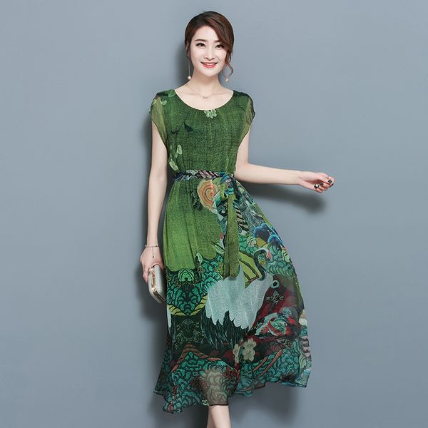 

spring summer green vintage floral print dresses women o-neck short sleeve silk dress with sashes mid-calf vestidos big size 4xl, Black;pink