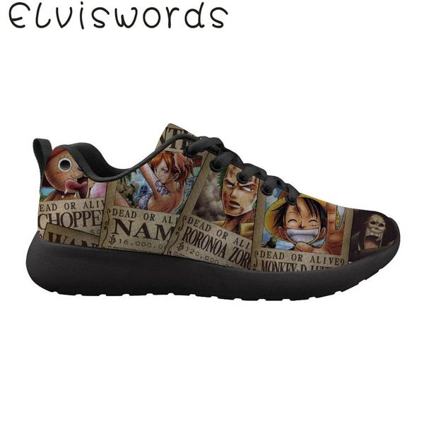 

elviswords one piece anime print pattern sport shoes portable fashion lightweight lace up sport shoes flat fuuny, Black