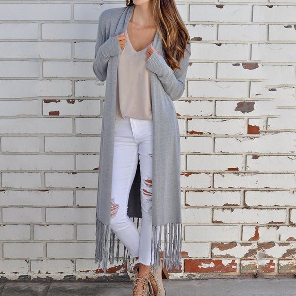 

women's solid color long coat cloak tassel long sleeve knit cardigan coat women shirt, Tan;black