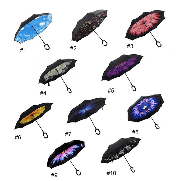 

10 colors windproof folding double layer sun women rain inverted umbrella reverse umbrella self stand wind proof c-hook hands