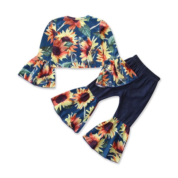 

lovely 2020 spring toddler kids baby girl sunflower flared pants backless leggings 2pcs outfits clothes