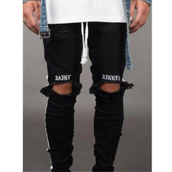 

men stylish ripped jeans pants biker skinny slim straight frayed denim trousers fashion skinny jeans men clothes, Blue