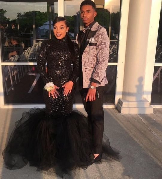 

Plus Size Black Sequined Mermaid Prom Party Dresses 2019 High Neck Zipper Long Sleeves Evening Gowns