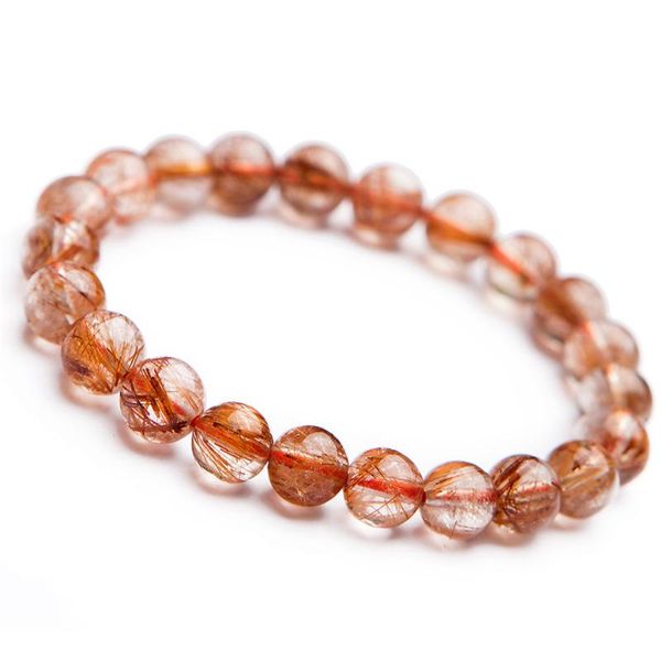 

8mm natural copper hair rutilated quartz crystal round bead stretch bracelets for women femme, Golden;silver