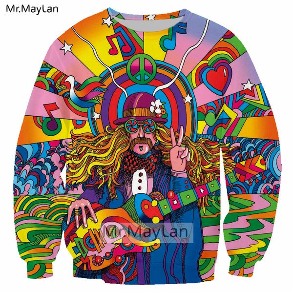 

hippie musician rainbow guitar 3d print sweatshirts women/men nation style streetwear hoodie girl hip hop modis clothes big size, Black