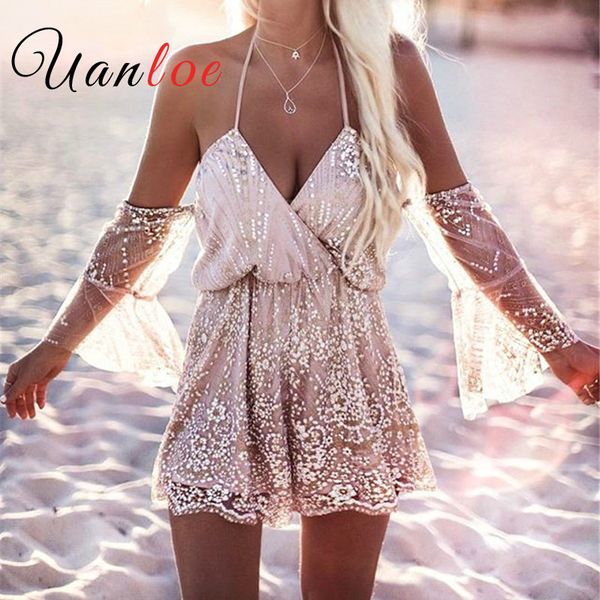 

uanloe new combishort femme summer loose lace short jumpsuit deep v-neck off shoulder playsuit rompers womens jumpsuit, Black;white