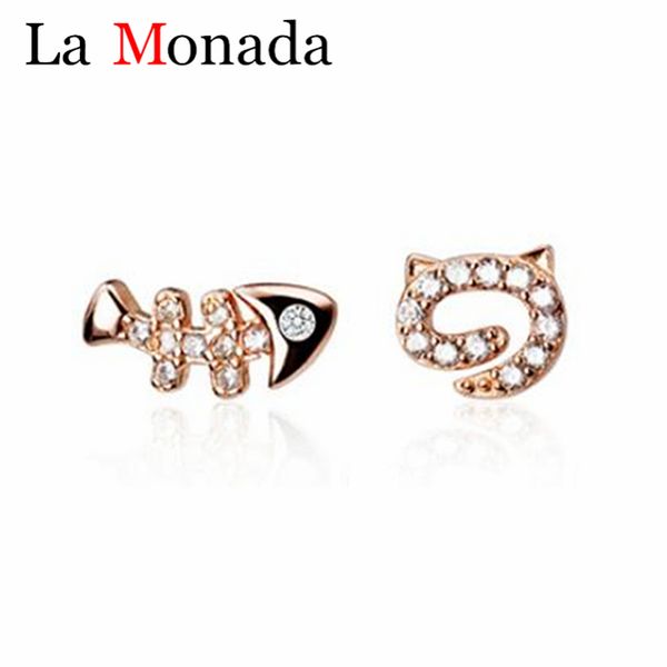 

new adorable jewelry 925 sterling silver asymmetric little fish cat earrings with zircon crystal for daughter girls kids, Golden;silver