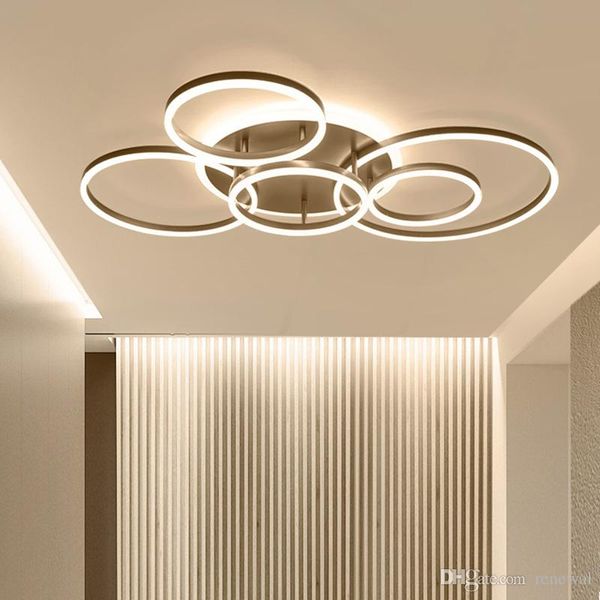 Controlador remoto 2/3/5/6 anéis de círculo moderno lustre LED para sala de estar quarto de estudo quarto branco / marrom candelabro de cor