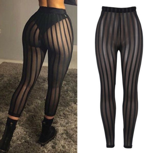 

meihuida women's stretchy leggings trousers pants striped perspective mesh pants