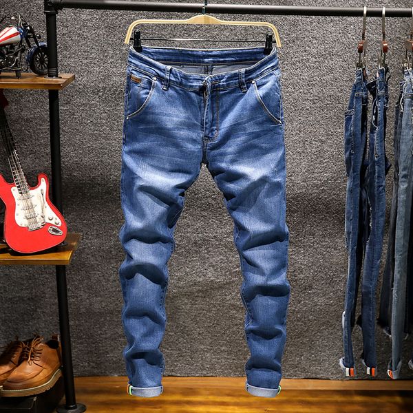 

2019 newly fashion men jeans slim fit elastic pencil pants khaki blue green color cotton brand classical jeans men skinny
