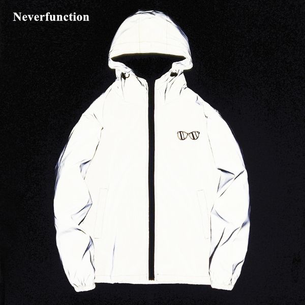 

new men fashion bear printed night full reflective hooded windbreaker jacket autumn male hip hop slim fit casual outwear coats, Black;brown