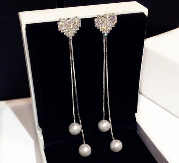 

fashion luxury designer pearl long dangle pendant exquisite super glittering diamonds cute heart stud earrings for woman girls, Golden;silver