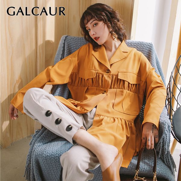 

galcaur vintage ruched blazer для женщин отворот воротник с длинным рукавом большой размер пальто женская модная одежда лето 2019 новый, White;black