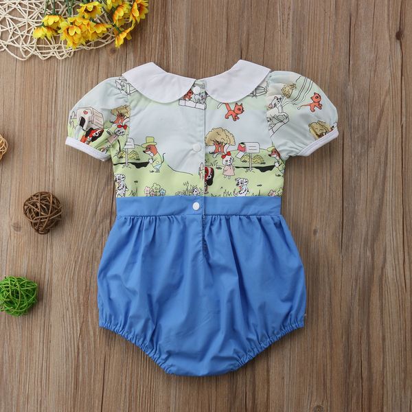 

newborn infant baby girls summer lovely romper cartoon print short sleeve peter pan collar jumpsuits romper outfit 0-24m, Blue