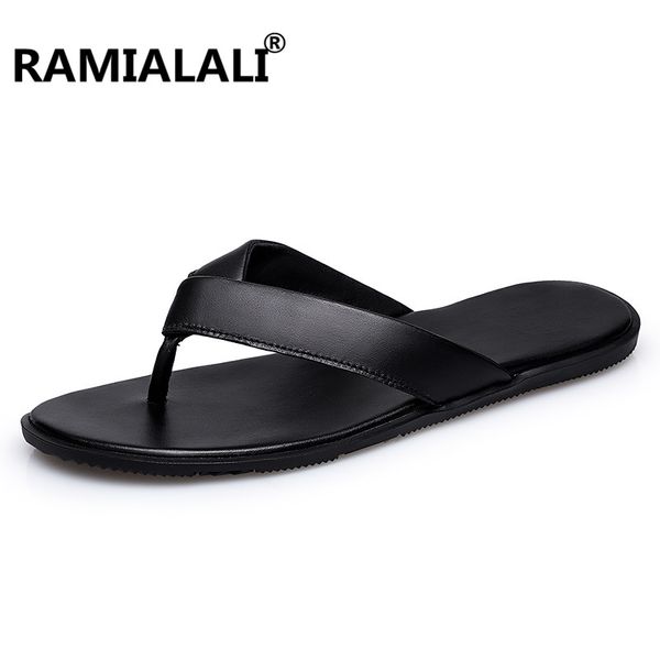 

summer men slippers male genuine leather flip flops for man vintage casual beach sandals non-slide zapatos shoes, Black