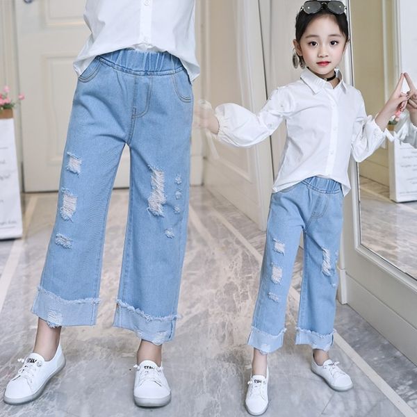 

girls' western-style jeans season 2020 children's wide wide leg wide-leg pants medium and large children's casual loose pants, Blue