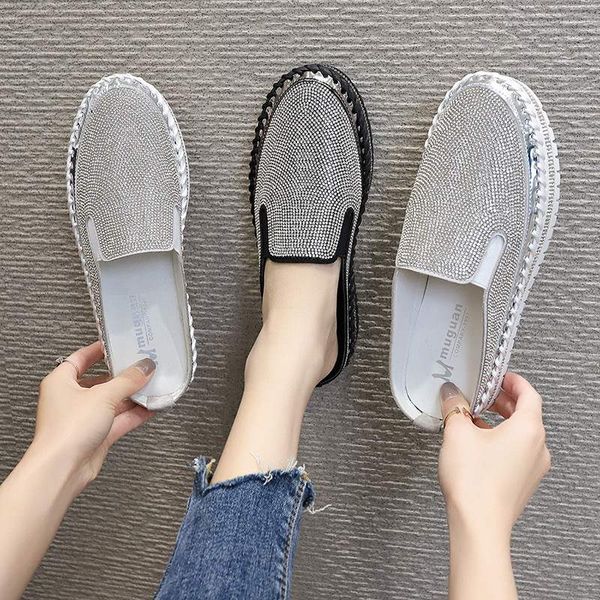 

round toe summer shoes ladies casual female sneakers loafers with fur platform crystal shose women 2020 glitter new, Black