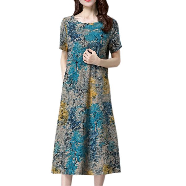 

Summer Women Dress Plus Size Fashion Women Short Sleeve Cotton Linen Dresses Printed Casual Mid -Calf Dresses