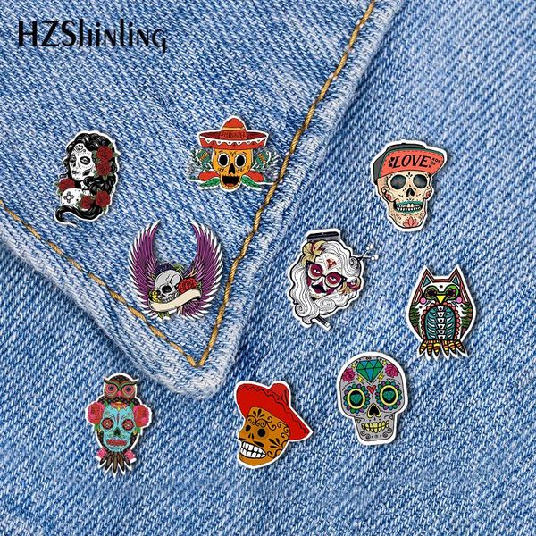

2020 new cool skull with hat butterfly clasp pin sugar skull acrylic lapel pin epoxy flowers art skulls collar pin brooch, Gray