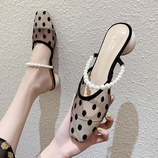 

shoes ladies' slippers slides mules for women 2020 string bead pantofle square heel med new block fretwork, Black