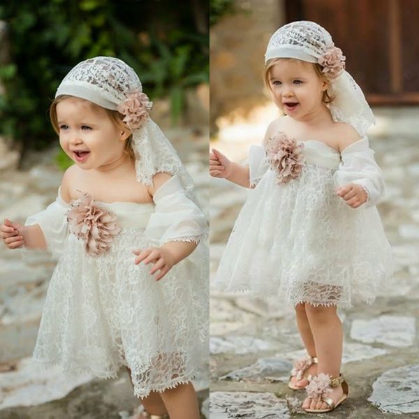 

cute flower girls dresses with hat bateau long sleeve hand made flower lace tulle pageant dress knee-length custom made girls party gown, White;blue