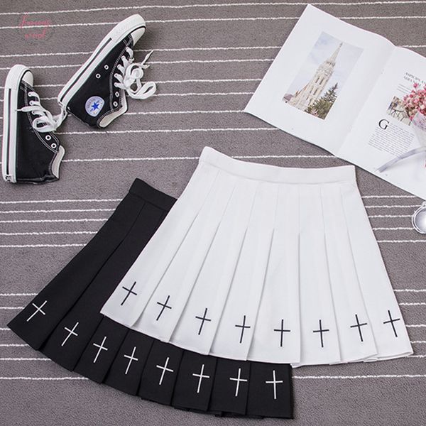 

skirt preppy style high waist chic cross embroidery skirt summer student pleated skirt female cute sweet girl dance a line miniskirt, Black