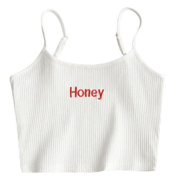 

women spaghetti strap crop ribbed knit stretch camisole honey letters embroidery mini vest festival party clubwear xs-s, White