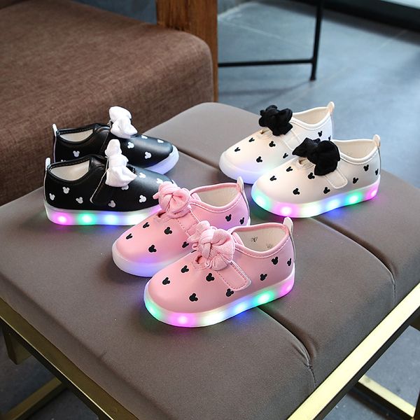 

new children girl bright shoes girls bow led light shoes breathable baby girls prined polka dot leather casual sneakers, Black;red