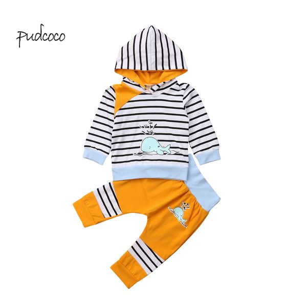 

pudcoco new brand newborn baby boy girl clothes hooded dolphin striped sweater long pants outfit set, White