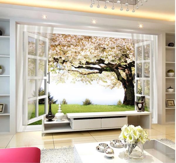 janela da árvore da flor de cerejeira 3D fundo da parede de papel de parede para paredes 3 d para sala de estar