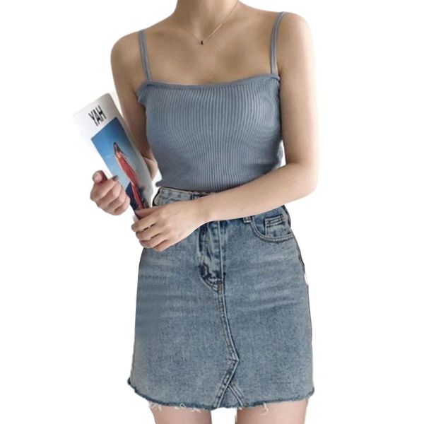 

korean minimalist women sleeveless ribbed knit vest double spaghetti straps plain solid color camisole casual slim tube tank top, White