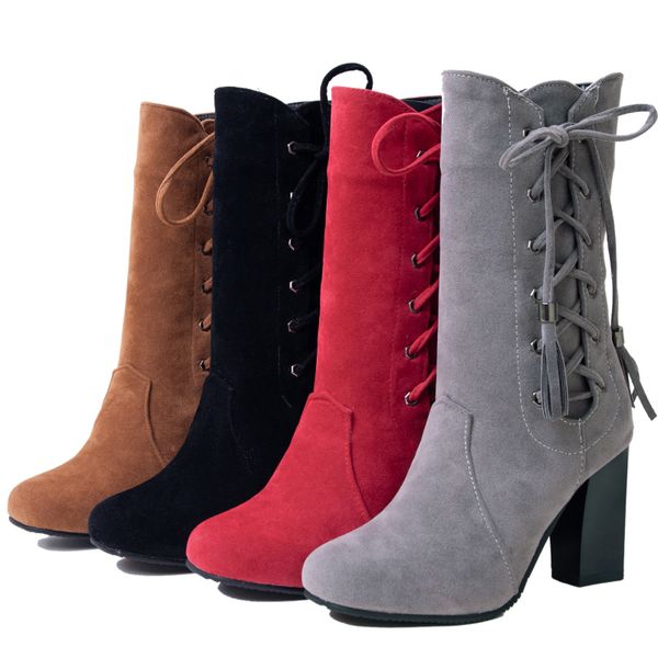 

fashion large size 32-45 high heel boots women shoes woman zip up shoelace winter boots fringe footwear party bottine, Black