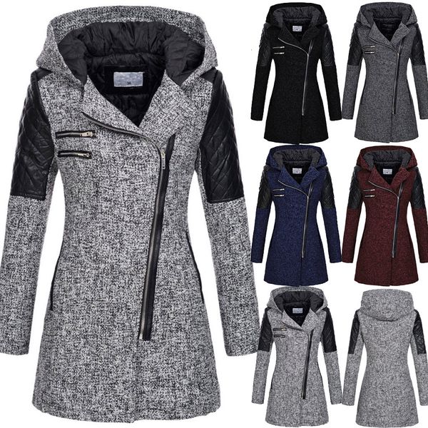 

winter spring women wool coat fashion zipper long sleeve hoody coats outerwear casual female slim fit woolen coat overcoat, Black
