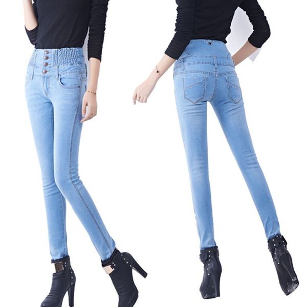 

women slim jeans elastic button plus velvet skinny high waist bottom warm trousers long pencil pants 2020, Blue