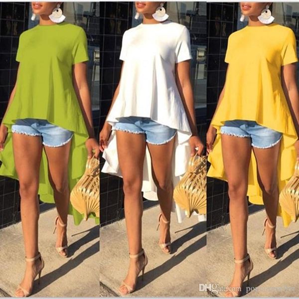 

womens designer irregular tshirts summer solid color short sleeve peplum casual crew neck tshirt womens, White